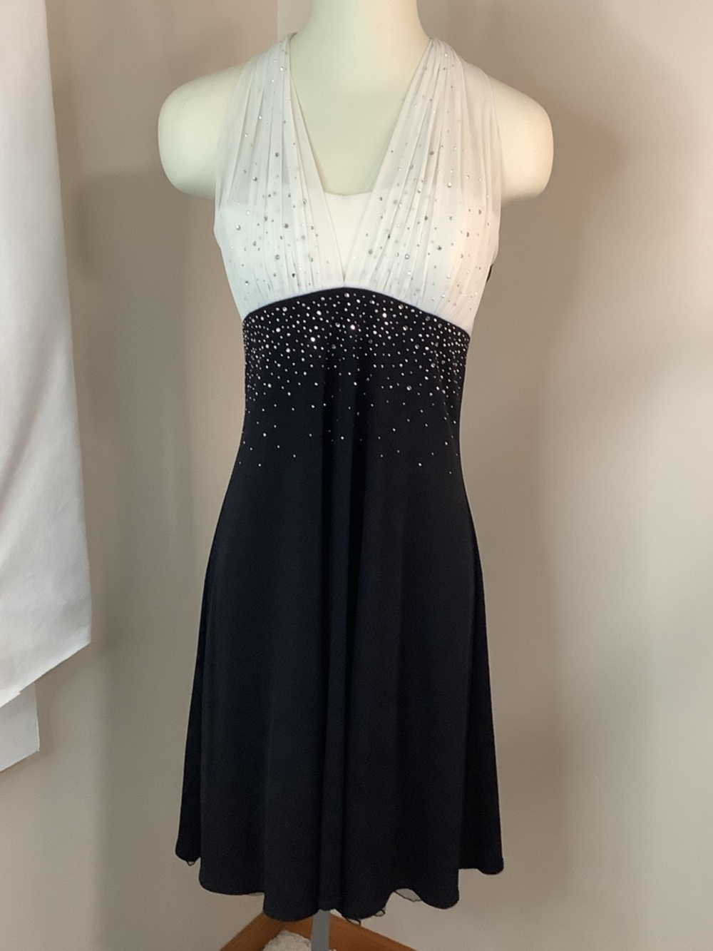 Jodi Kristopher Black and White Halter Dress with Crystal Accents Size L